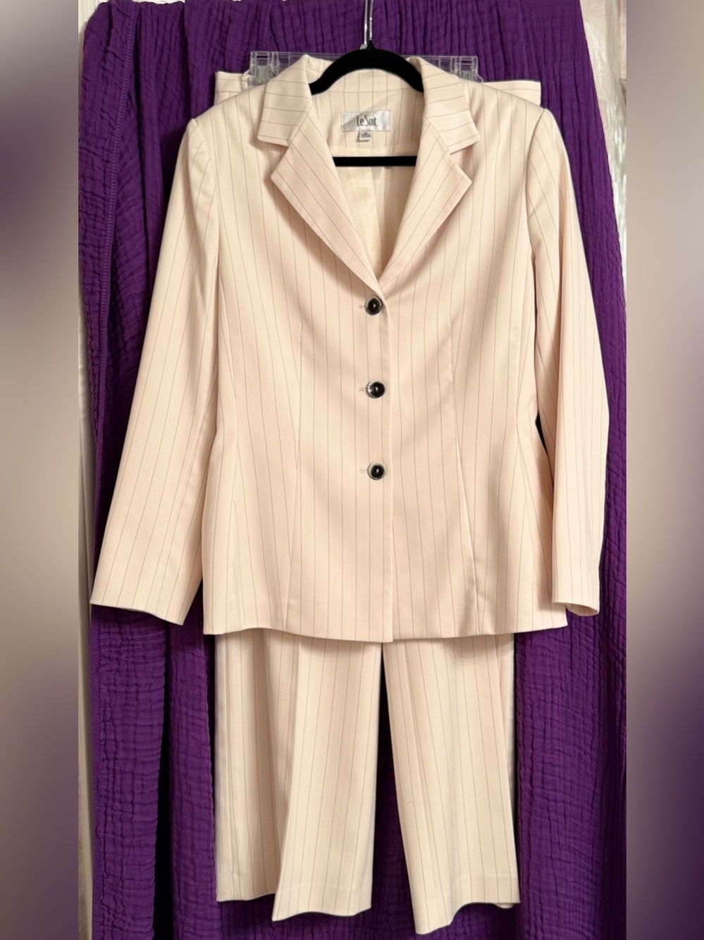 Le Suit Light Cream Pinstripe Blazer and Trousers